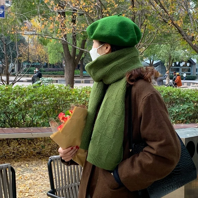 Retro Green Knitted Scarf Winter Warm Wool Scarves for Female Male Korean Version Shawl Wrap Bandana Pashmina