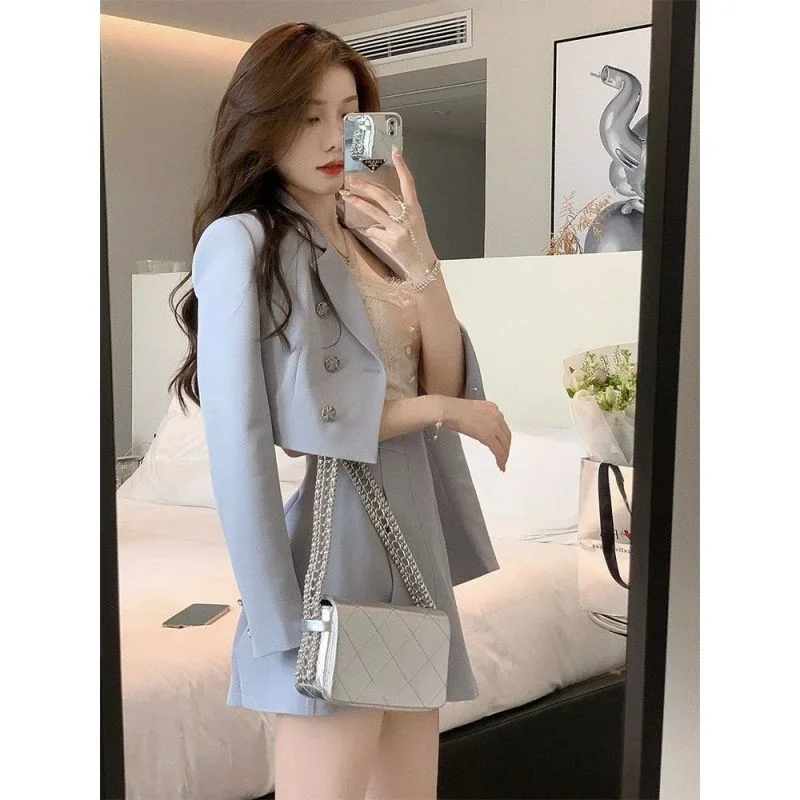 Women Spring Summer Short Blazers Mini Skirts 1 or Two Piece Set 2024 Korean Preppy Style Blue Suit Jacket A-Line Skirt Outfits