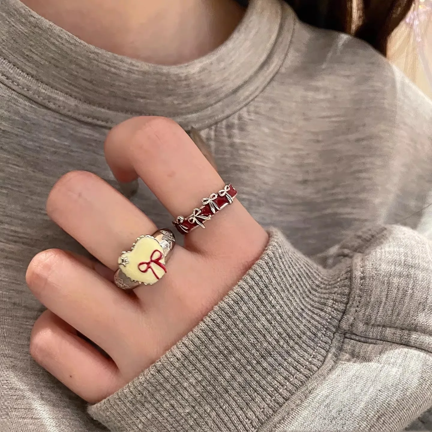 

PANJBJ 925 Sterling Silver Bowknot Ring for Women Versatile Drop Glaze Trend Adjustable Jewelry Party Gift Dropshipping