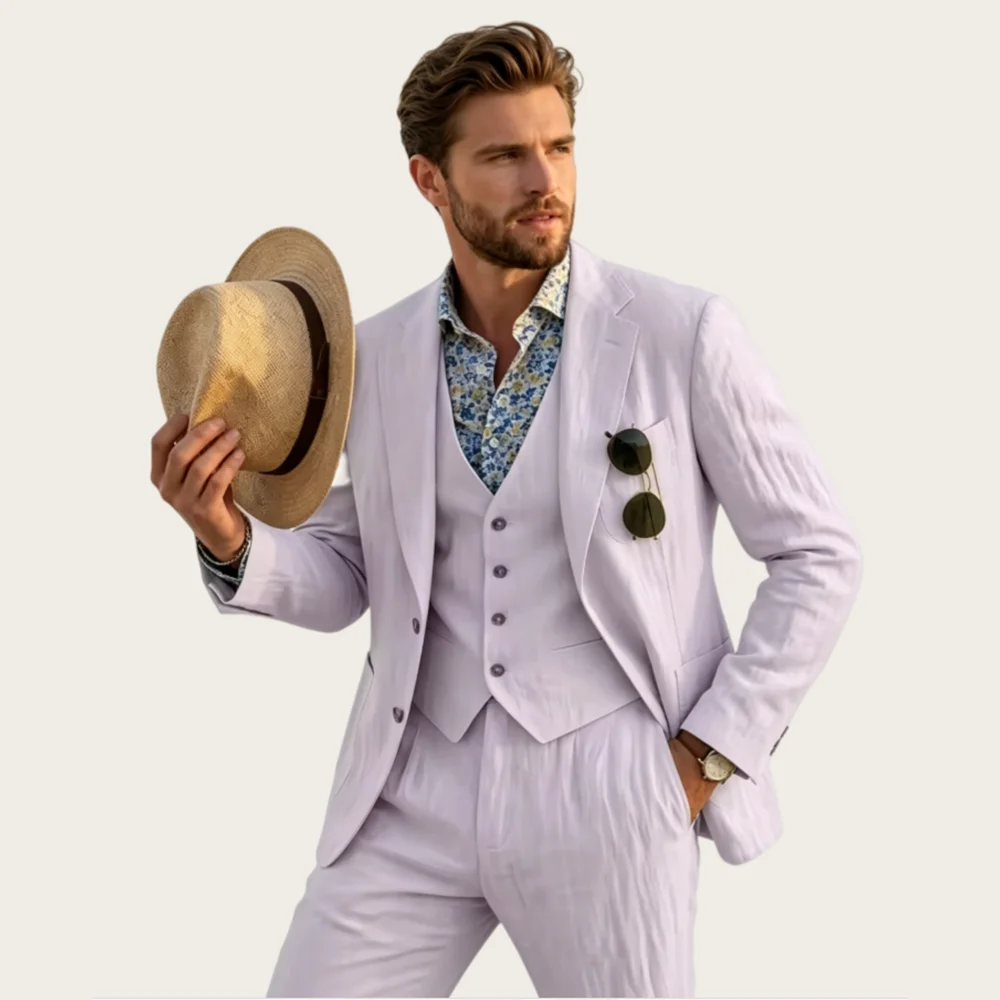 Mophiel Linen Men's Suits 3Pcs Set Notched Lapel Single Breasted Summer Casual Travel Tuxedo for Men Slim Fit Blazer Customized