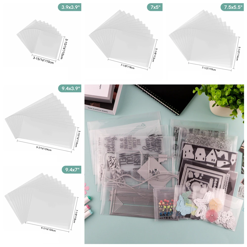 

Assorted Sizes 10pcs/set Resealable Plastic Envelopes Pockets Storage Bags for Stamps Dies Stencil Crafts Organizer Holder 2024