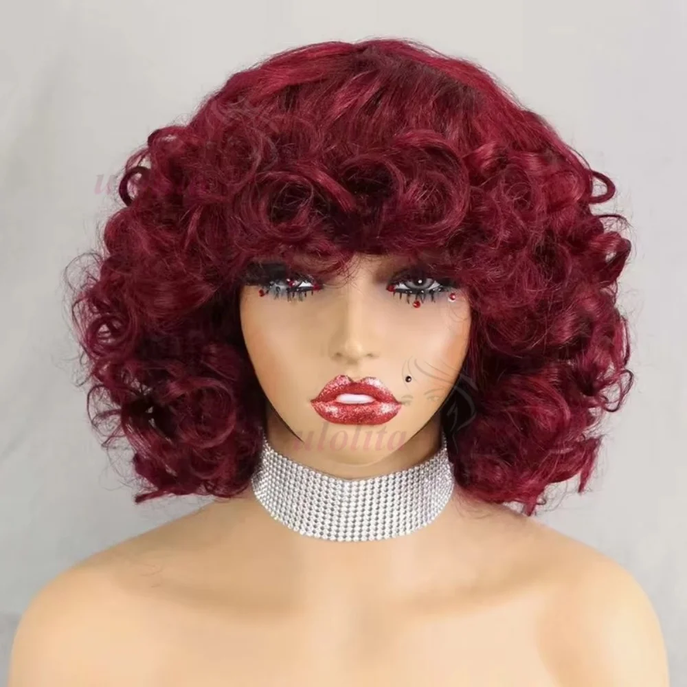 99J Burgunder Fumi Lockige Bob-Perücke, Federnde Pixie-Cut-Perücke mit Highlights, Vollmaschinell Gefertigte Eierlocken, Lockige Echthaar-Perücken für Frauen mit Pony – Detail 3