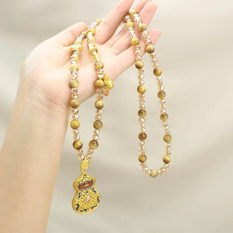 Kürbis Pullover Kette Nachahmung Tigerauge Stein Thangka Chaines Frau Persönlichkeit High-end-Gefühl Lange Halsketten Mode Schmuck – Detail 3