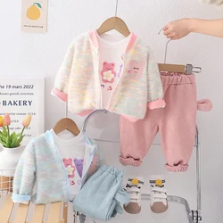 Spring Children Clothing Sets Baby Girls Coat T Shirt Pants 3 Piece Suit Kids Sportswear Cartoon Bear Infant Clothes Outfits