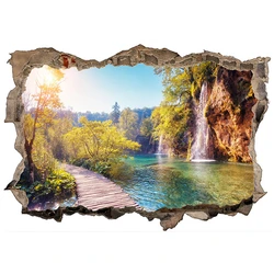 Autocollants d'art mural cassé 3D, fond d'écran d'affiche de paysage, peinture murale de vue de cascade, vinyle, décorations pour la maison, montagne, eau, arbres