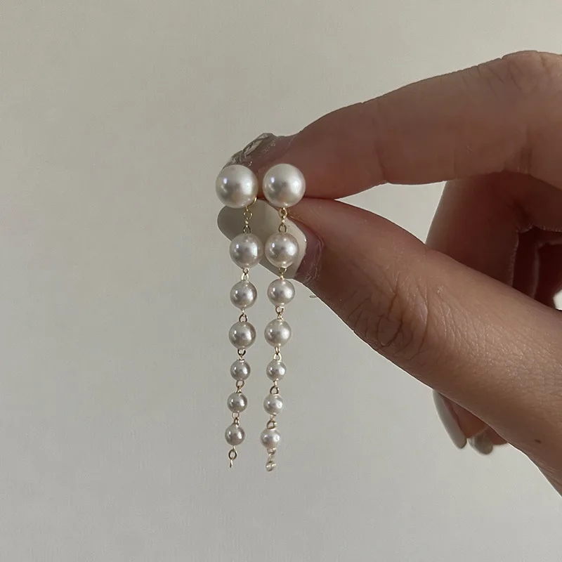 

Retro Luxury White Pearl Tassel Stud Earrings for Women Trendy Two Wears 925 Silver Needle Long Dangle Earrings Party Jewelry