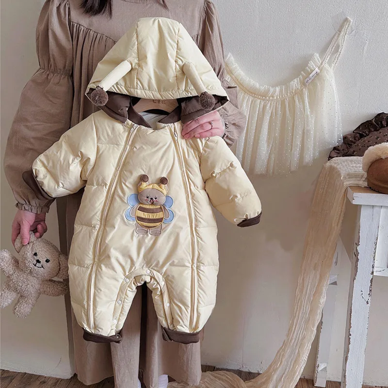 Baby Winter Snowsuit Warm Fleece Lined Hooded Romper Ears Cute Bear Bee Design Infant Puffer Jumpsuit Boys Girls Newborn to 24m