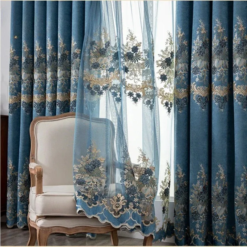 

Chenille Curtains for Living Dining Room Bedroom Luxury Blackout Embroidery High-end European Modern Style Nature White Tulle