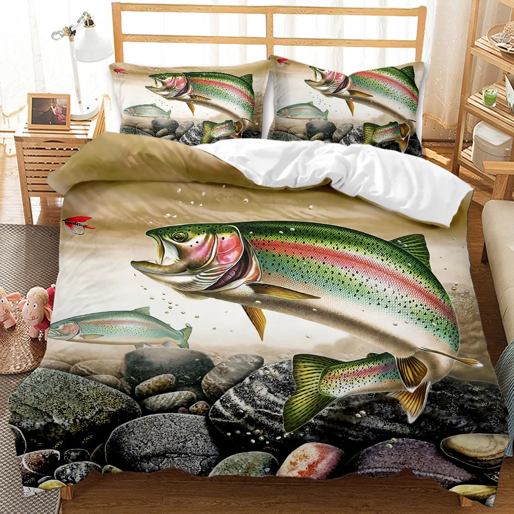 Big Pike Fishing Duvet Cover Set Hunting Bedding Fly Fishing Comforter Cover Queen King Full Polyester Quilt Cover Teens Adults