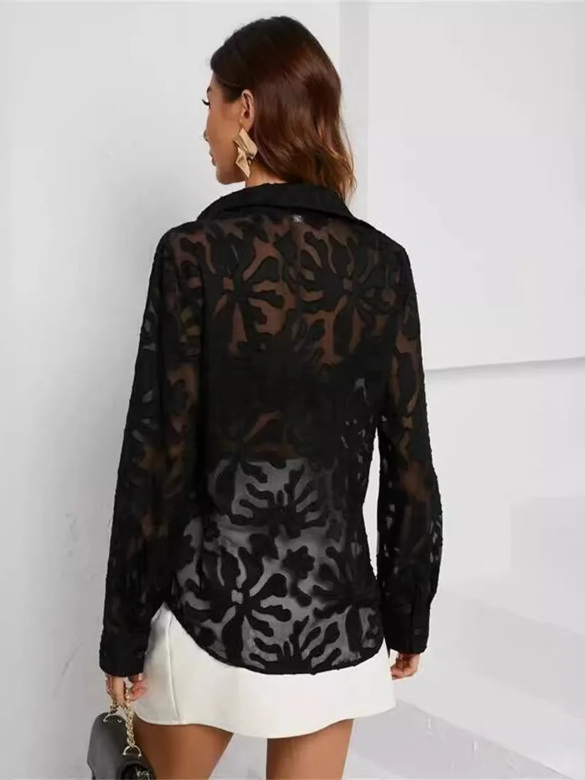 Mujer encaje ahuecado solapa irt Casual Sle largo Sve Flip Collar Top marca china Faion ropa Premium para mujer