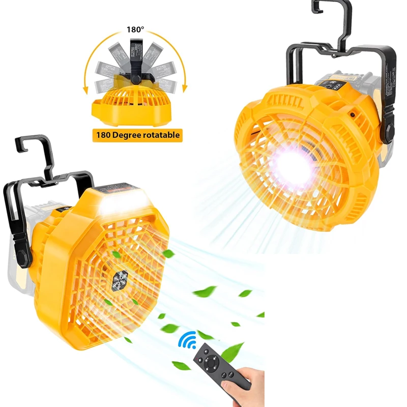 

Беспроводной портативный вентилятор Dewalt с аккумулятором 18 В и дистанционным вентилятором для кемпинга с 3 энергоэффективными настройками скорости и регулируемой светодиодной подсветкой