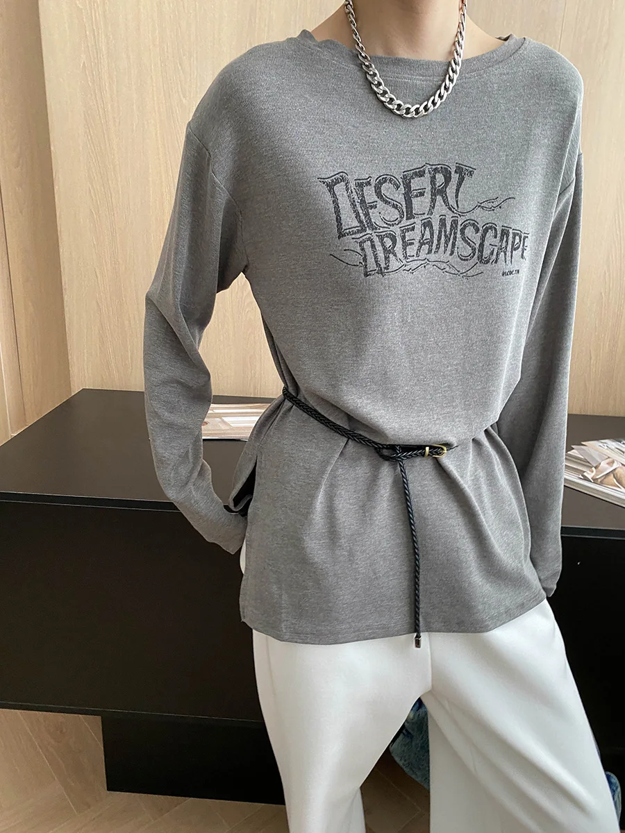 

Early Autumn New Gift Belt Tencel Blended Letter Printed Side Split Round Neck Long Sleeve T-shirt