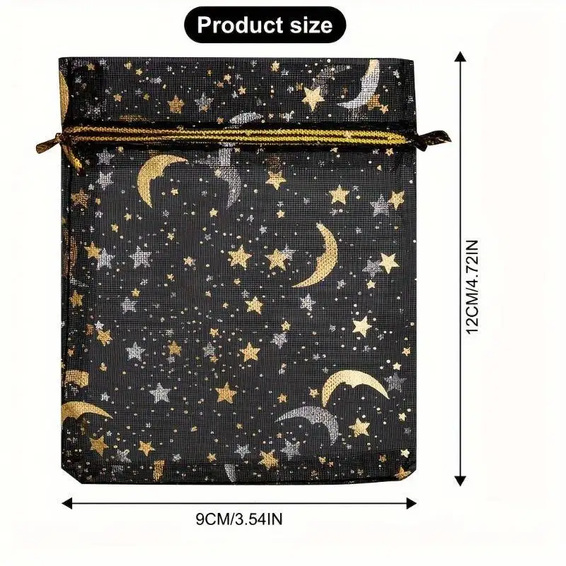 50 Pcs Large Black and Golden Embossed Mesh Bag, Star and Moon Organza Bag,Transparent Gift Packaging Bag- Pull-String Design