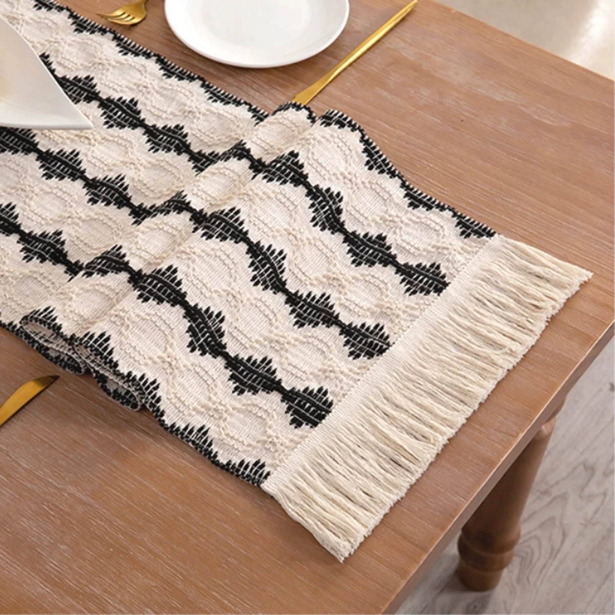 Dining Home Decor black alternating white table flag cotton and linen tablecloth handmade tassel tea mat home long decorative