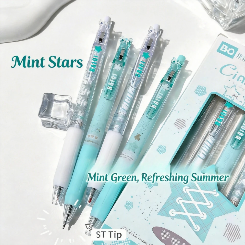 4pcs Mint Star Push-Down Neutral Pens Transparent Body 0.5mm Smooth Ink Flow Quick-Dry Comfortable Grip with Star Bow Clip