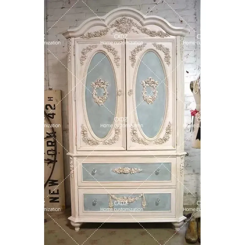 American Retro Oak Solid Wood Hand Carved Wardrobe Large French Style Bedroom Storage Cabinet Multi Functional Customizable