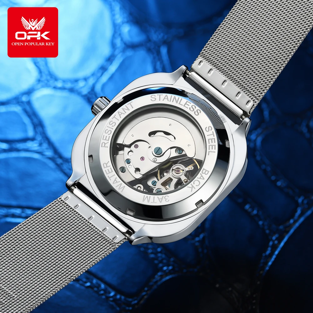OPK 8173 Hollow Men's Watch Classic Luminous Waterproof Mesh Steel Strap Automatic Mechanical Wristwatch for Man Original