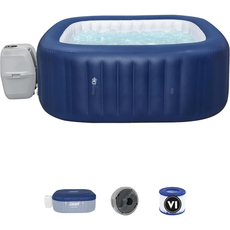 SaluSpa Atlantis AirJet 4 to 6 Person Inflatable Hot Tub Square Portable Outdoor Spa with 140 Soothing Jets with Cover, Blue