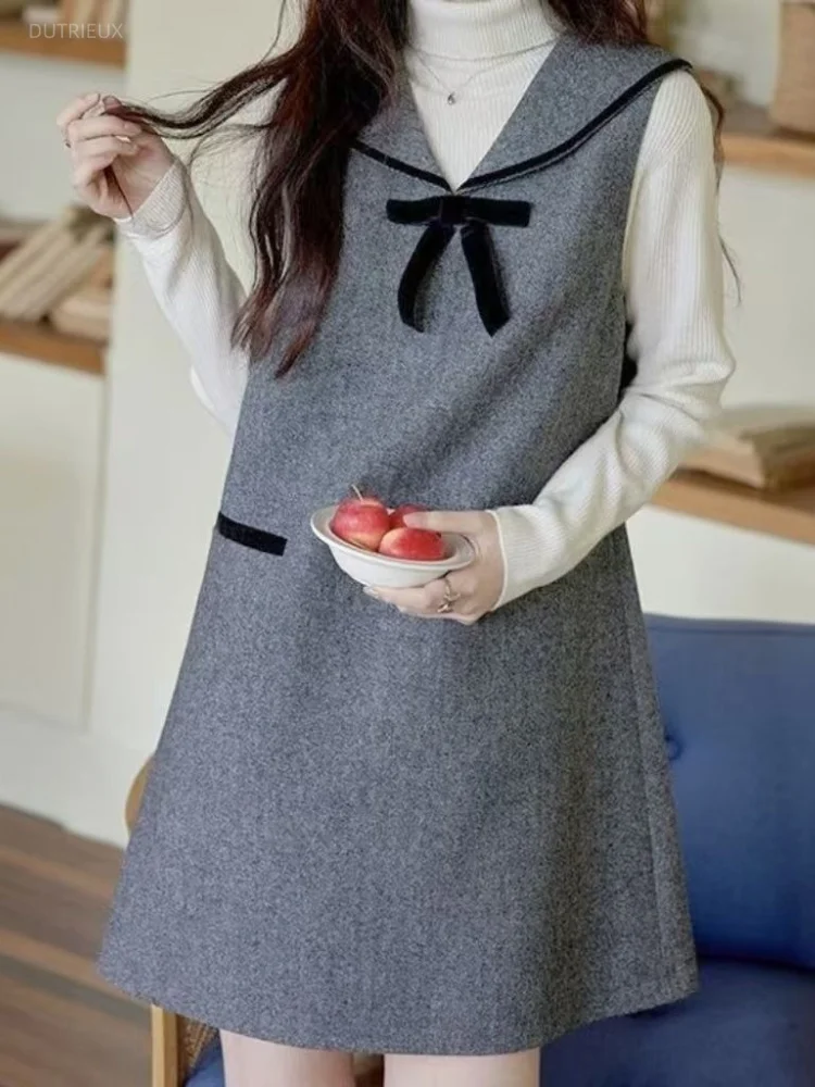 Korean Preppy Sweet Sailor Collar Sleeveless Solid All Match Knitted Dresses