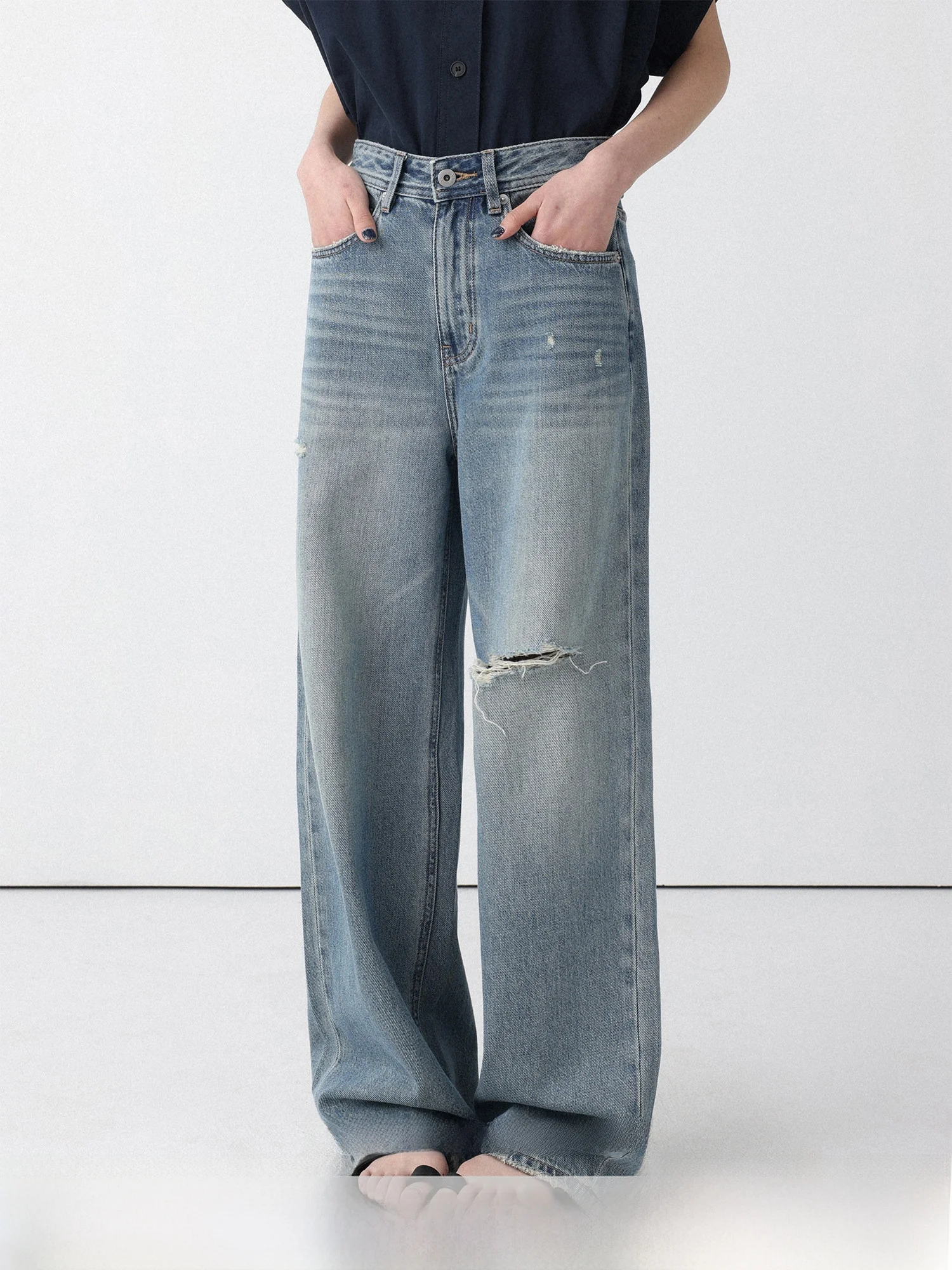 

LowCalorie High Waist Straight Leg Jeans Spring Summer Hole Design Cotton Casual Women's Denim Pants NonStretch Chinese Made