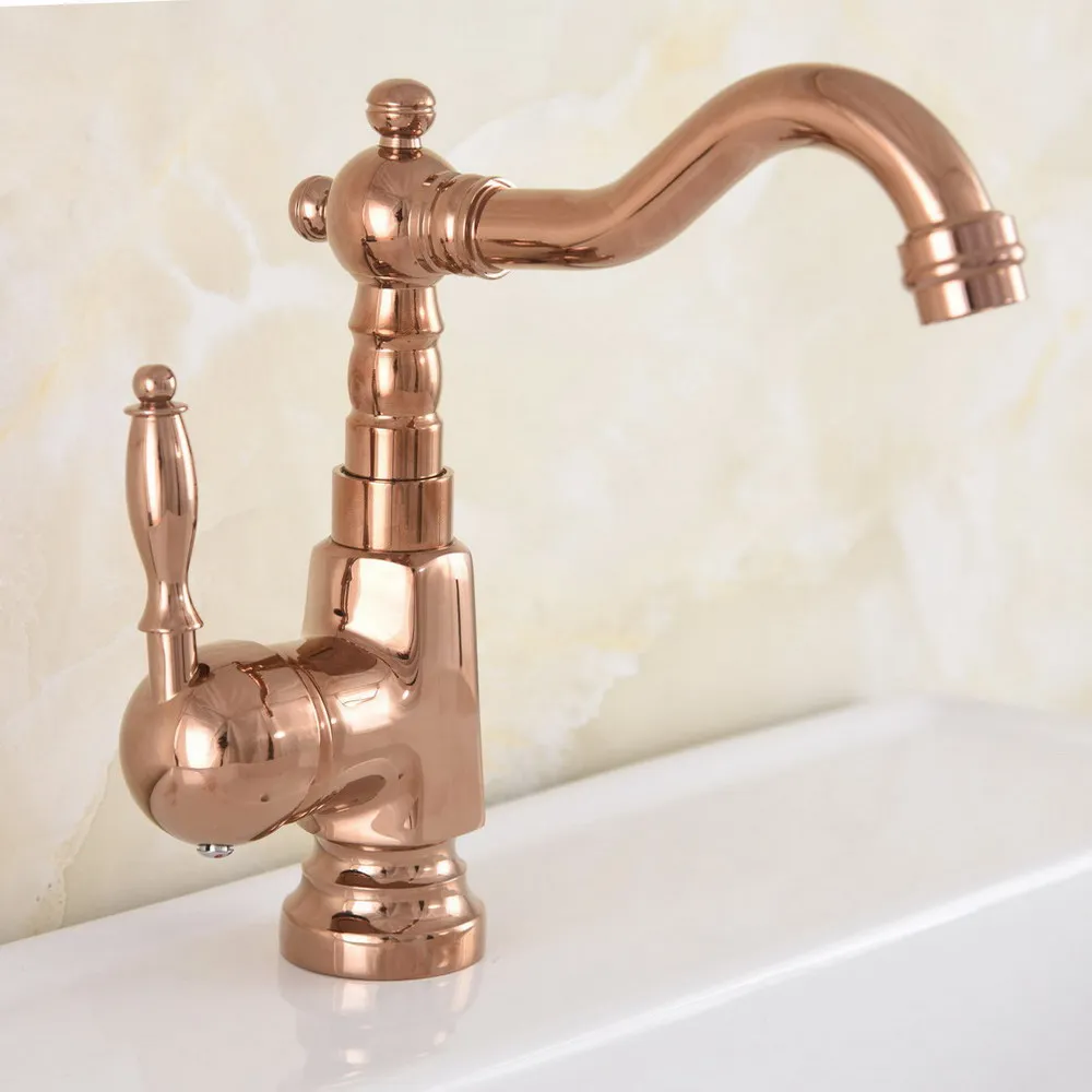 Swivel Spout Water Tap Polished Rose Gold Brass Single Handle Single Hole Kitchen Sink & Bathroom Faucet Basin Mixer Tap anf708