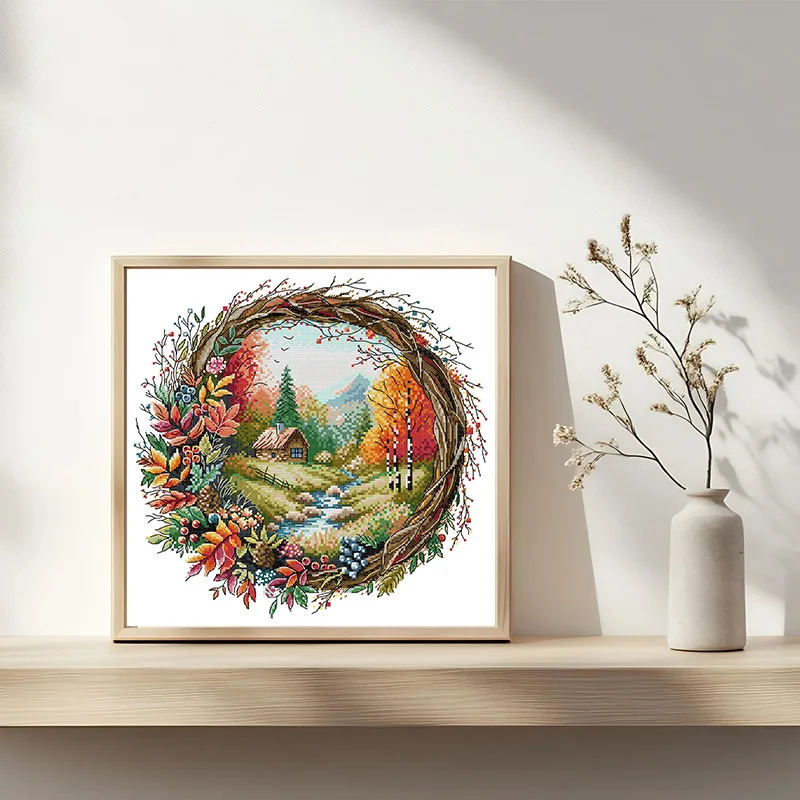 

Soulgift News Pre-Printed Cross Stitch Kit, Stamped Aida Fabric With DMC Threads,Easy To Follow - Autumn In A Wreath