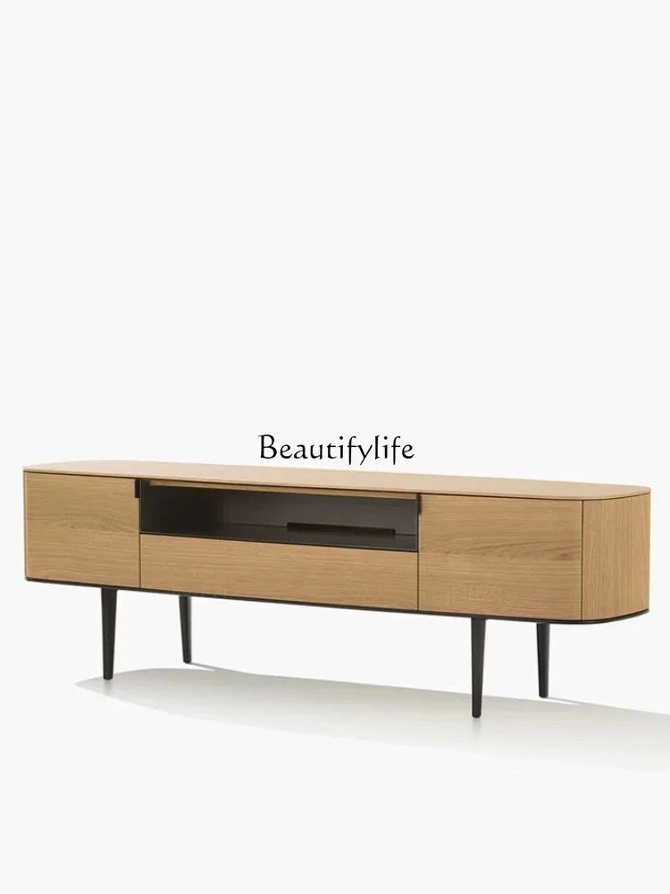 Nordic light luxury TV cabinet solid wood Italian minimalist high-end arc horse belly rock slab floor cabinet