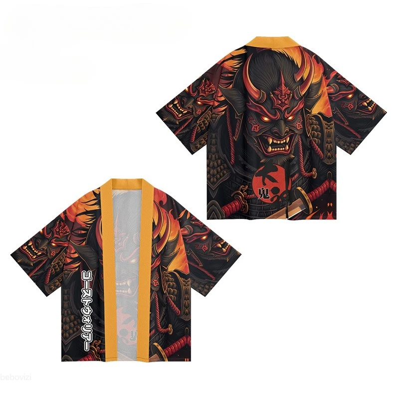 موضة هاراجوكو شيطان طباعة المرأة يوكاتا Ukiyo-e سترة غير رسمية كيمونو 2025 الصيف قميص الشاطئ ملابس هاوري اليابانية