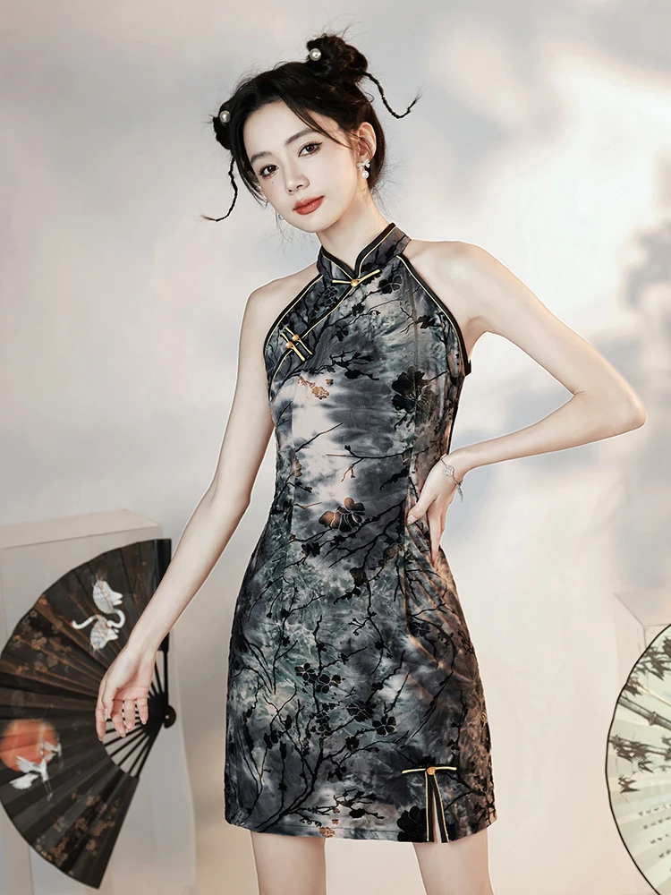 New Chinese Sle  Young Women's Summer Improved Version Water-Mark ort Ne Hanging Dr Vintage Flavour Polyest...