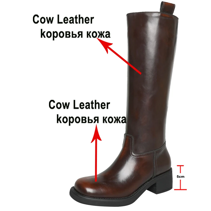 Meotina Women Genuine Leather Knee High Boots Round Toe Platform Thick Mid Heels Long Boot Ladies Fashion Shoes Autumn Winter