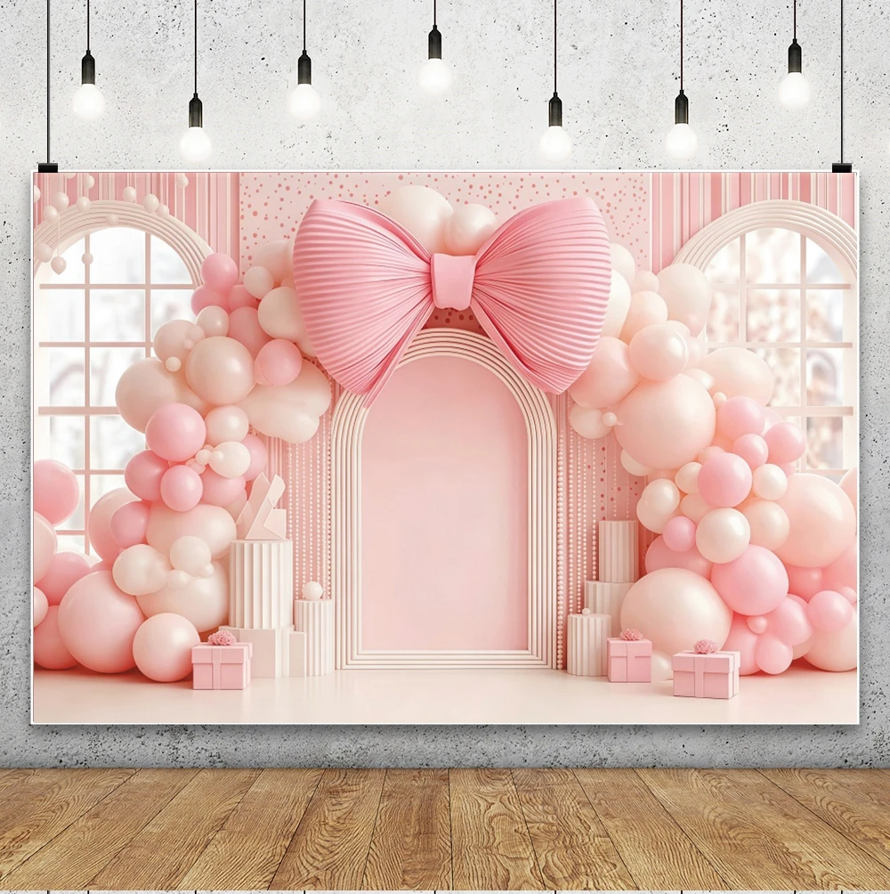 Pink Balloon Arch Backdrop Decoration Giant Bows Hearts Rainbow Door Kids Birthday Party Baby Show Photo Booth Studio Background