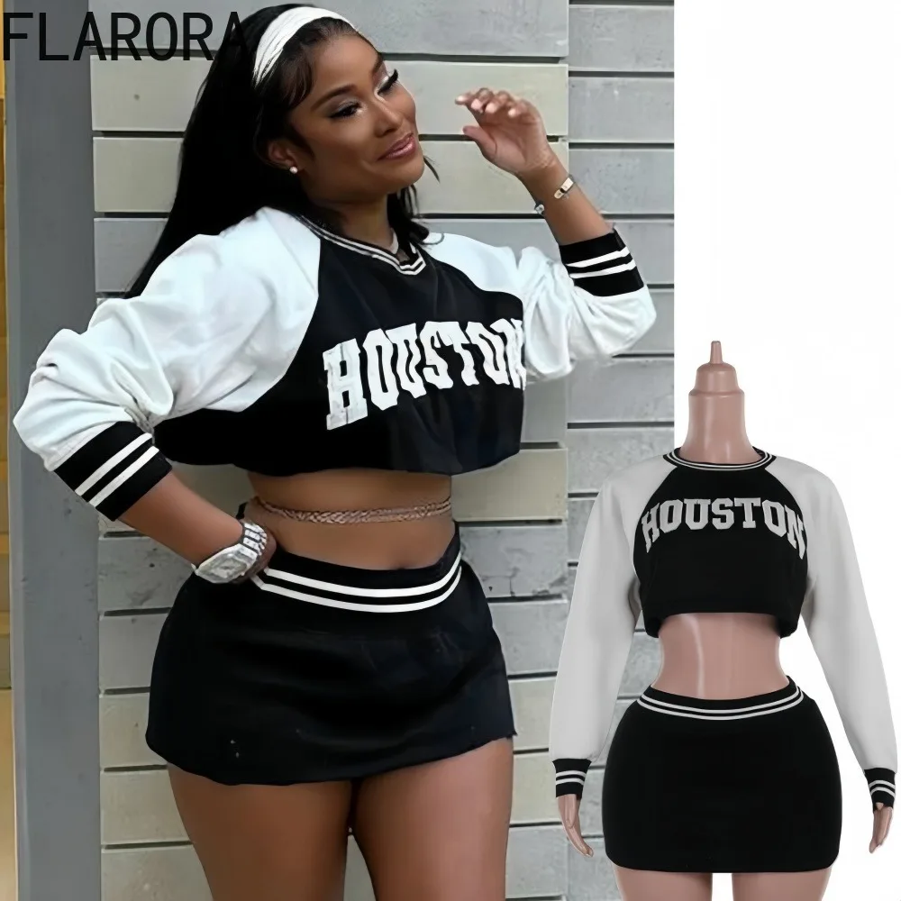 

FLARORA Fashion Letter Print 2Pcs Set Woman Patchwork O Neck Long Sleeve Crop Tops And Skirts Outfits Female Baseball Tracksuits