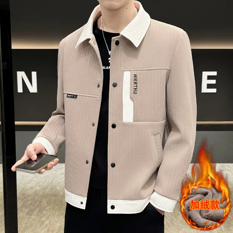 Fashion Men\'s Slim Turn-Down Collar Fleece Jackets 2026 Autumn Winter Youth Streetwear Windproof Warm Button Plush Parkas Coats