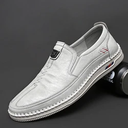 Summer Men Leather Four Seasons Single Shoes Handsewn Casual Shoes Comfort Breathable Soft Men's Driving Shoes Handmade Sneakers