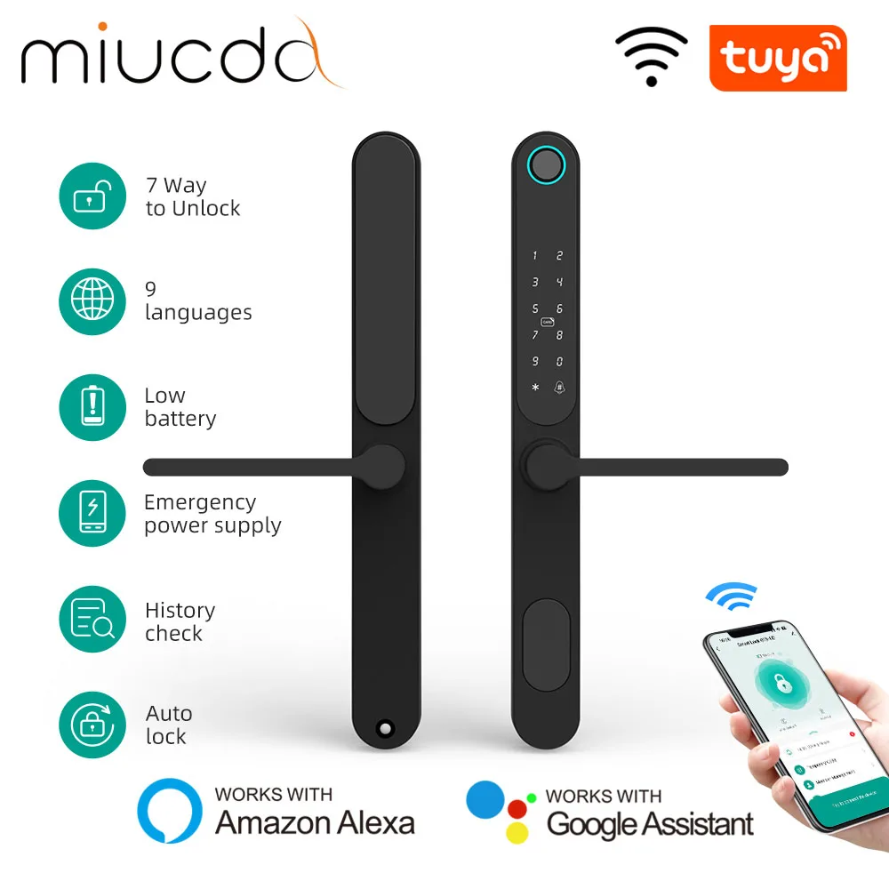 

MIUCDA Tuya Wifi Smart Door Lock Electronic Smart Door Lock With Biometric Fingerprint/IC Card/Password Support 9 Language