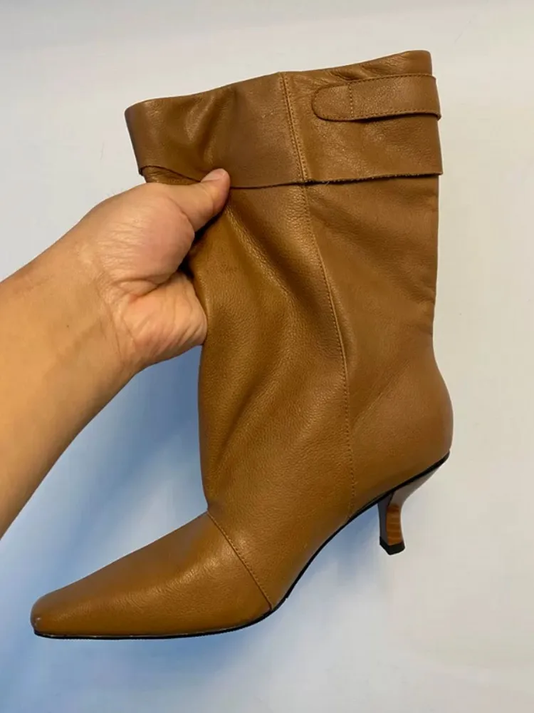 Fashion Women Pointed Toe Mid Calf High Top Thin Heels Modern Boots Elegant Ladies Autumn Cowhide Genuine Leather Shoes Slip On