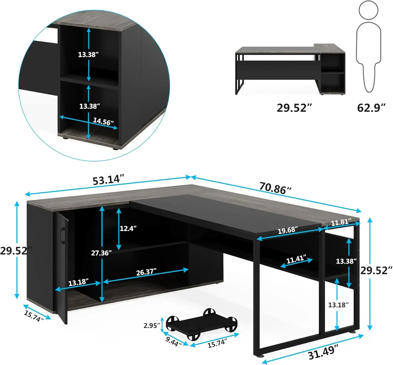 Large Executive Desk with File Cabinet, 71 inch L Shaped Computer Desk Office Desk with Drawers and Storage Shelves