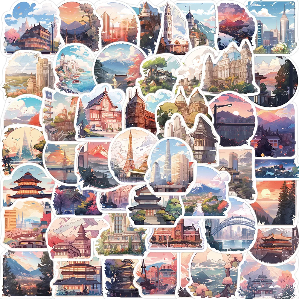 

50PCS/Bag Anime Ins Wind Landscape Cartoon Building Stickers For Children DIY Suitcase Skateboard Laptop Luggage Sticker Decal