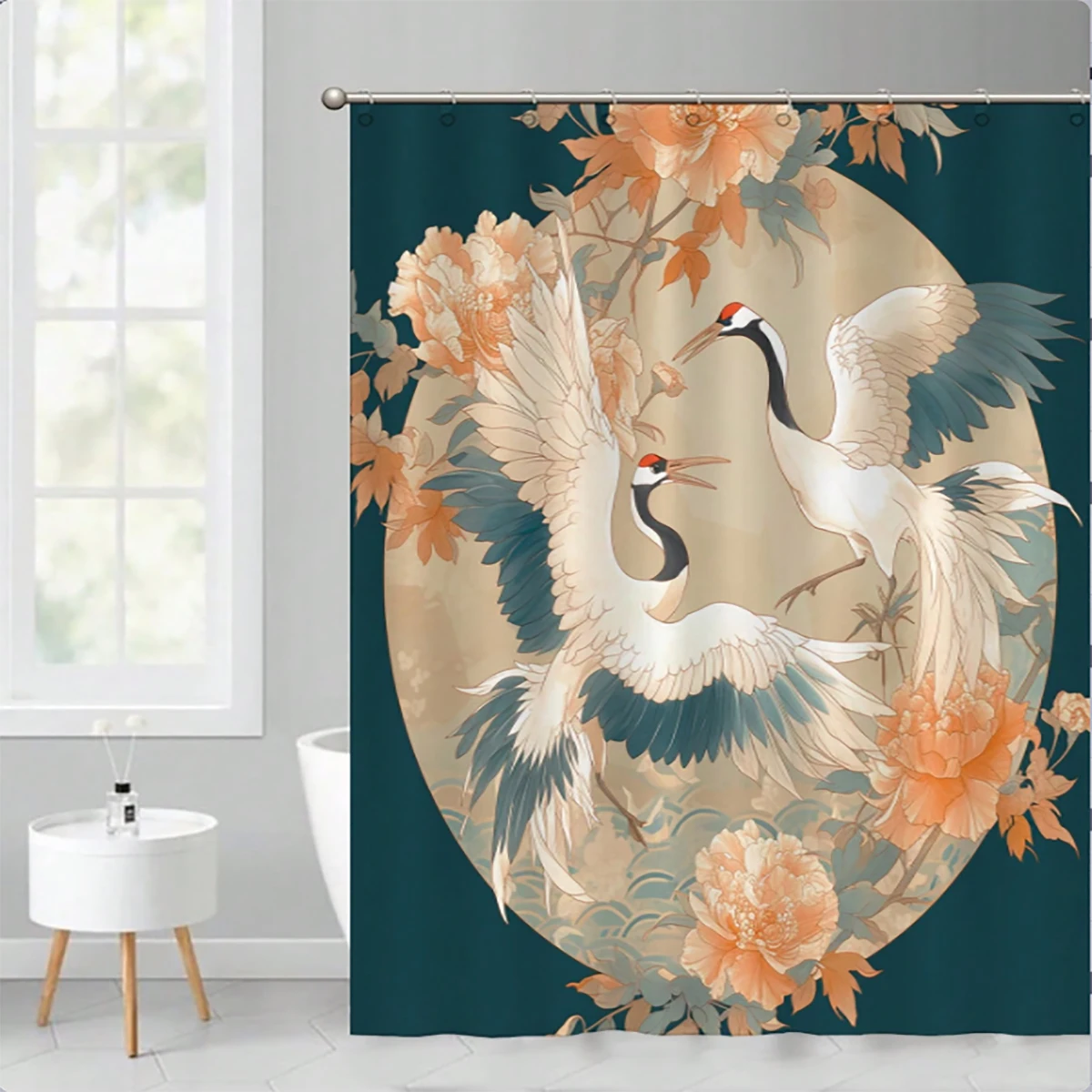 1 pc Chinese style crane pattern shower curtain with no punching, waterproof and mold resistant, simple Nordic bathroom curt