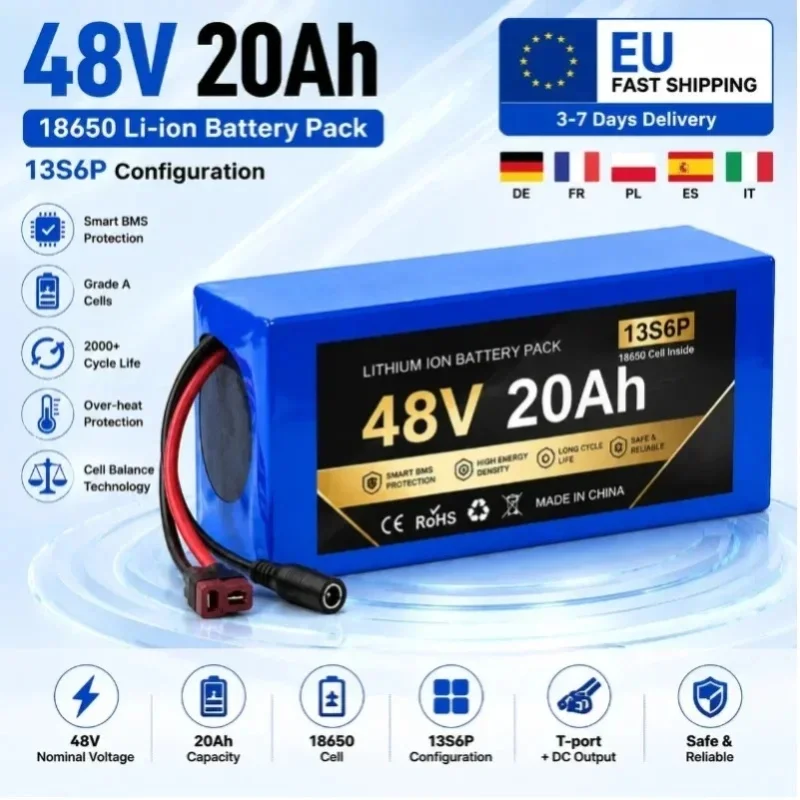 48V 20Ah Lithium-Ionen-Akku 13S6P 18650 Zellen E-Bike-Akku Hochkapazitäts-Wiederaufladbarer Li-Ionen-Akku mit Smart BMS-Schutz XT60 JST-Anschluss für Elektrofahrräder und -Roller EU-Lager Schneller