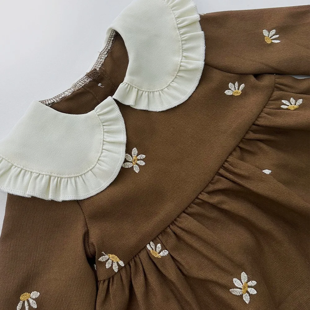 Baby Girls Floral Embroidery Lapel Collar Dress – Long Sleeve Pullover Princess Gown for Infants, Cute Top
