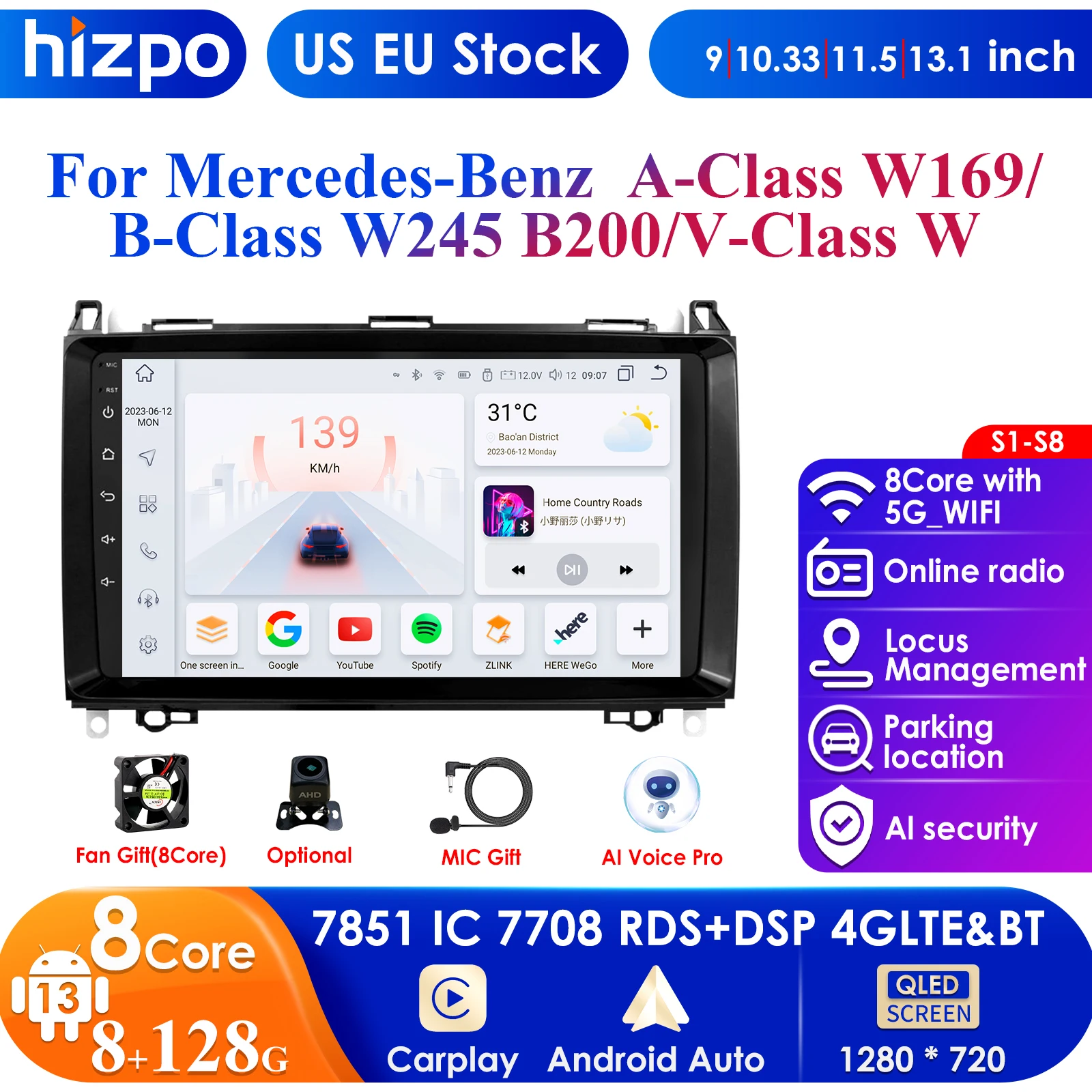 

Hizpo 2din Android 13 Car Radio For Mercedes Benz W169 W245 B200 W906 Sprinter W639 Multimedia Video Player Autoradio DSP 7862