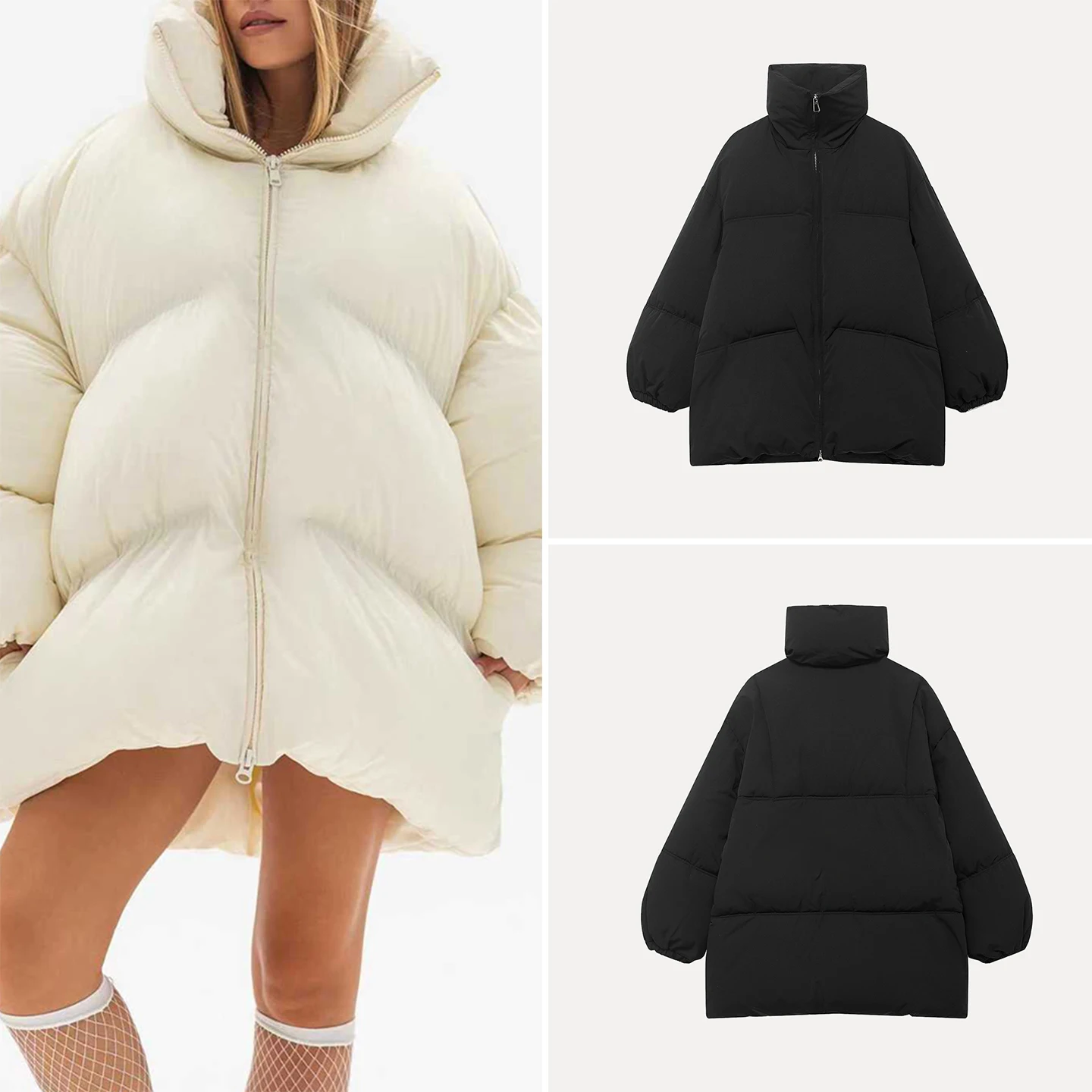 

2025 Winter New Women's Faion Simple Match Pure Color Zipper Long Sve High Collar Casual Coat Stand Fit Ladies Wear