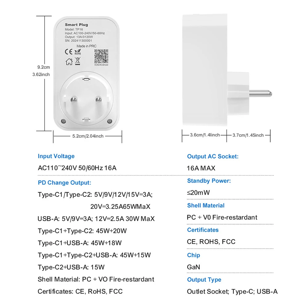 AVATTO Tuya WiFi 65W GaN Fast Charger With Type-C/USB-A Fast Charging Ports EU Smart Socket Outlet Works With Alexa,Google Home