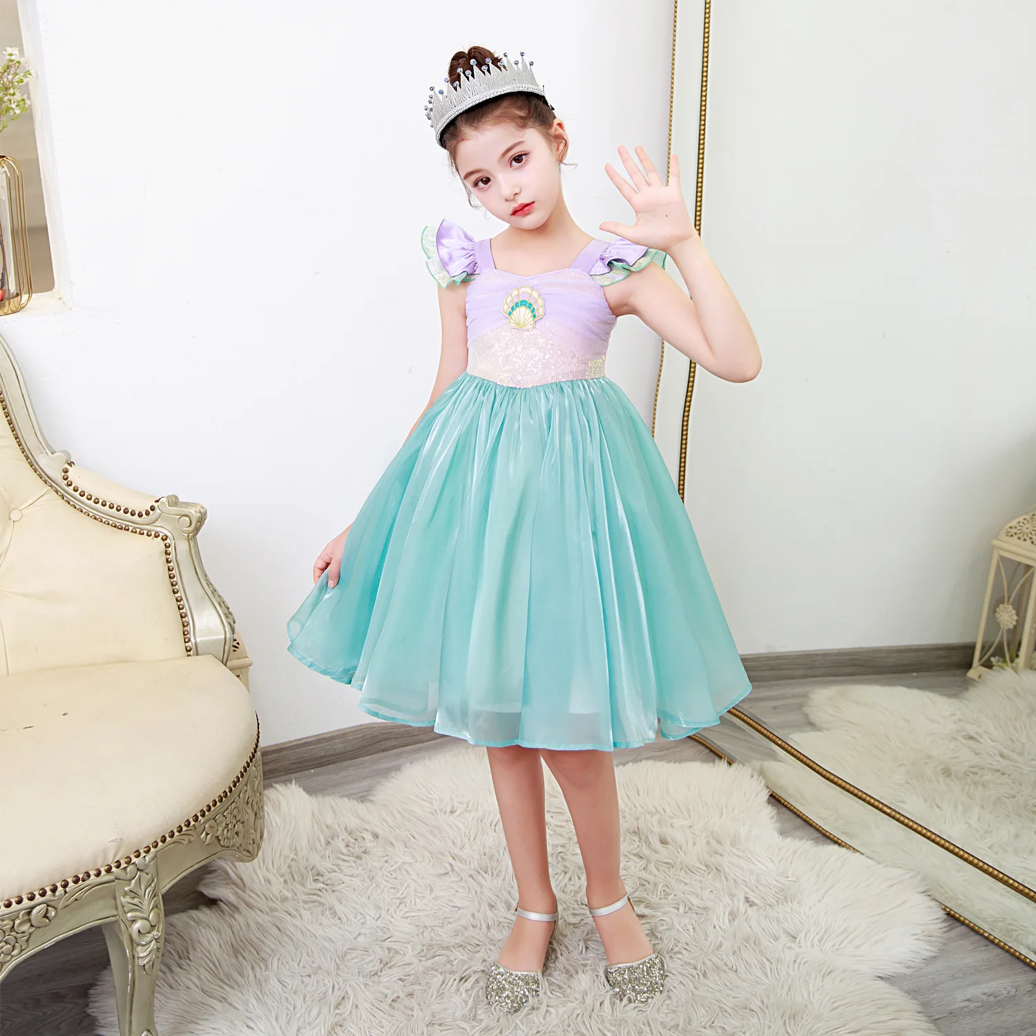 Children\'s Day Girls\' Mesh Sparkling Little Flying Sleeves Princess Dress Christmas School Party Mermaid Cosplay Dress