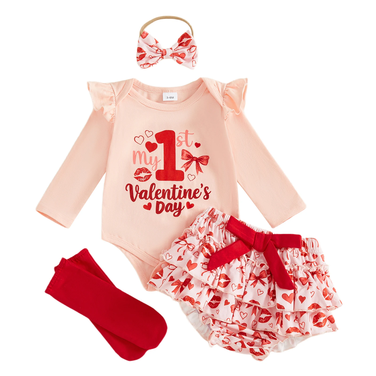 Baby Girls Valentine's Day 4 Piece Outfit Cute Long Sleeve O Neck Letter Bow Print Jumpsuit Skirts Leg Warmers Headband Set