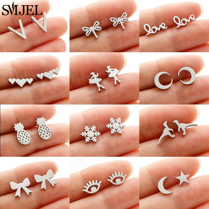 2024 New Stainless Steel Piercing Stud Earrings for Women Fashion Ballet Snowflake Earing Dinosaur Eyes V Shaped Studs Punk Gift