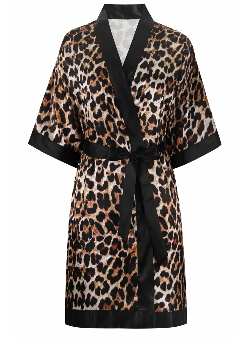 

Women's Leopard Print Satin Kimono Robe Short Sleeve V Neck with Tie Belt Soft Silky Lightweight Bathrobe Loungewear