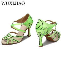 WUXIJIAO Latin dance shoes women fluorescent green satin salsa shoes girls ballroom  sports sandals rhinestone heels