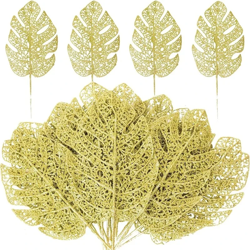 

2Pcs Glitter Monster Leaf Artificial Tropical Palm Leaf Christmas Tree Decor Wedding Party DIY 2025 Home New Year Decor Navidad